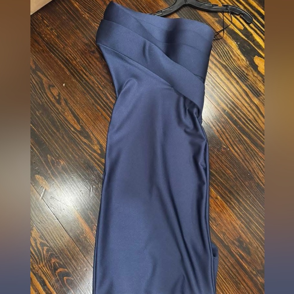 Nicole Bakti navy one shoulder midi dress